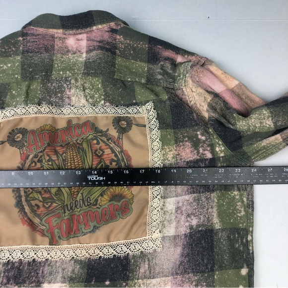 America Needs Farmers Shirt Upcycled Flannel Plaid Bleached Button Up Green Gray - Picture 5 of 9